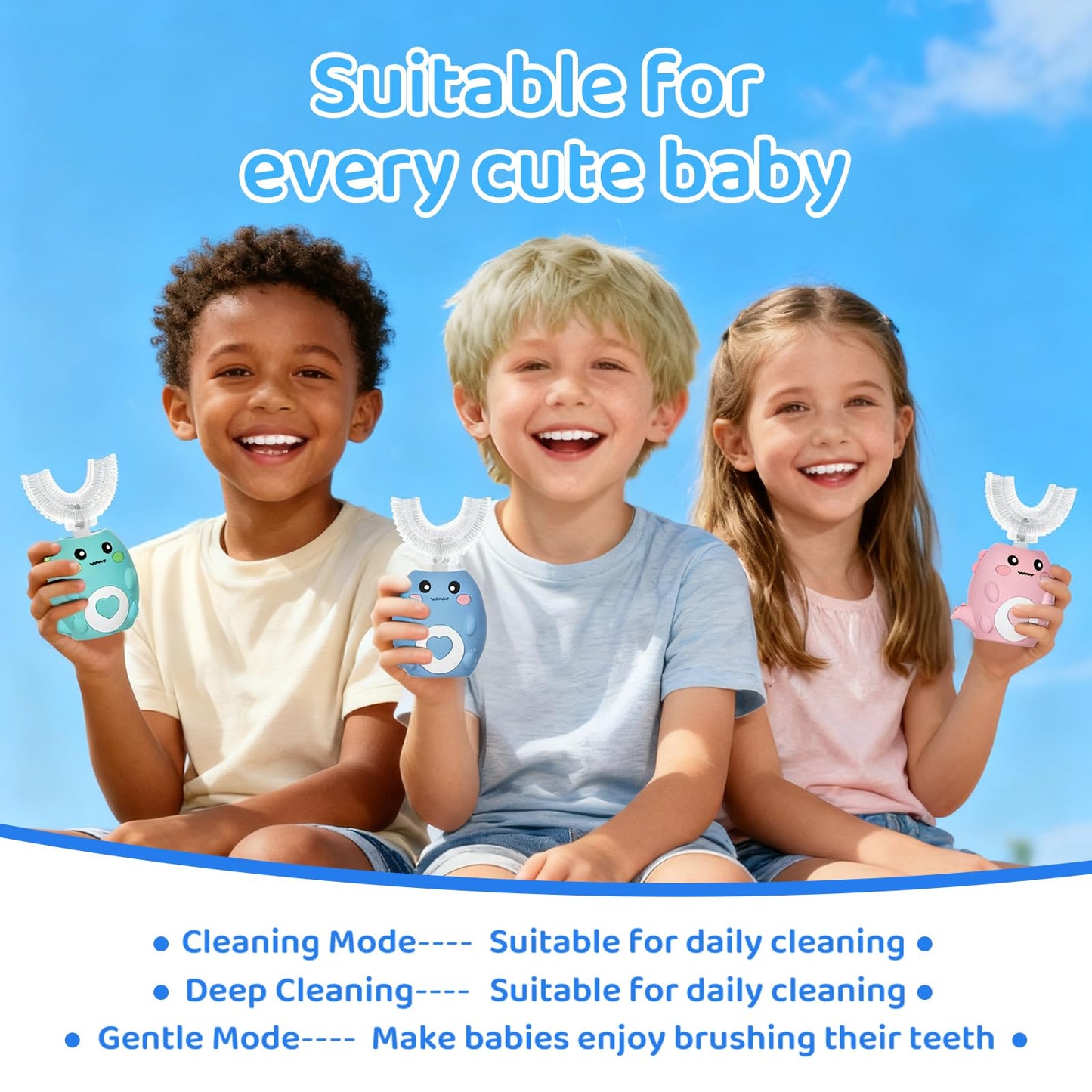 Lwalaneng Kids U Shaped Electric Toothbrush, with 3 Cleaning Modes, with 4 Brush Heads, 360° Sonic Automatic Toothbrush, IPX7 Waterproof Cartoon Dinosaur Design (Ages 2-12)