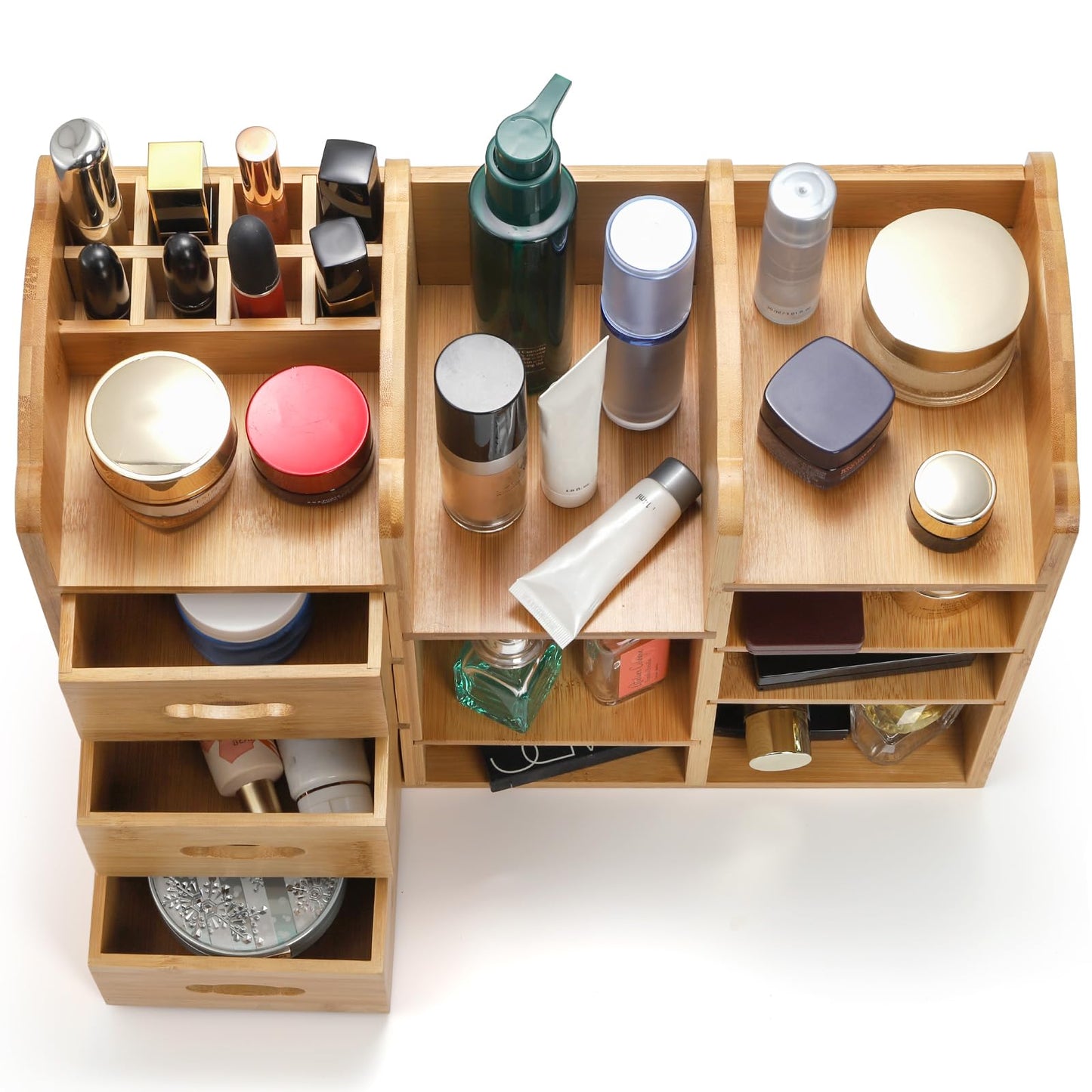 Coloch Bamboo Makeup Organizer with Drawers, Large Cosmetics Storage Shelf for Vanity Countertop Skincare Organizer for Desktop, Skincare, Beauty Supplies, Cosmetics Display, Stationery Storage