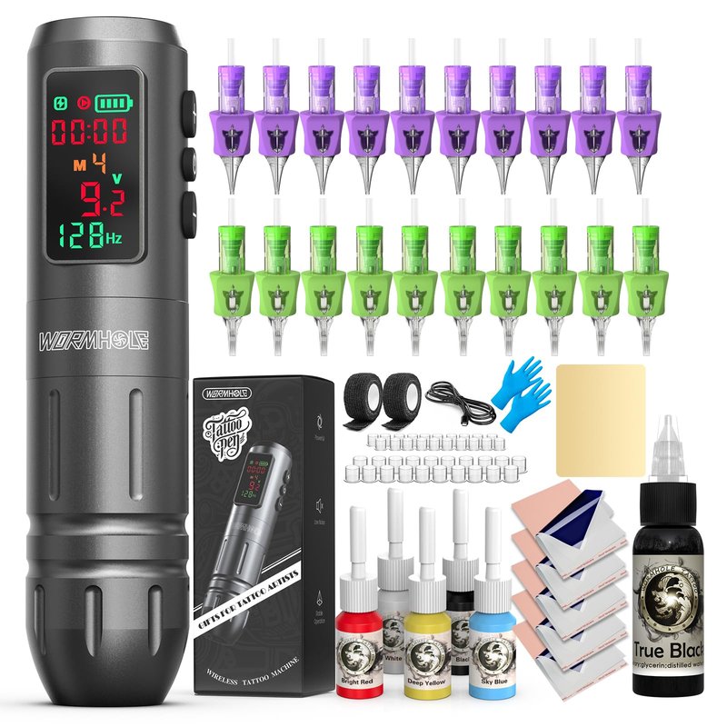 1,600 mAh Capacity Battery Wormhole Tattoo Kit 77PCS Wireless Tattoo Gun Kit 20PCS Tattoo Needles with Finger Ledge, Complete Tattoo Machine Kit Smart Tattoo Pen for Tattooists WTK317