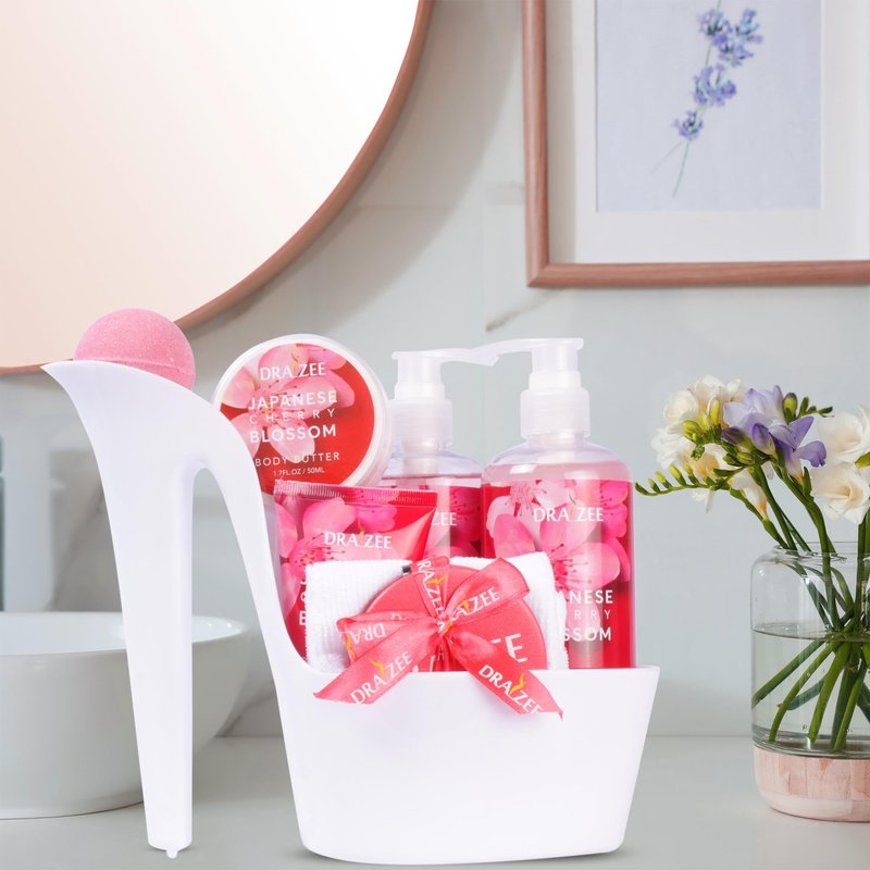 Mother’s Day Gift Baskets for Women, 8 Pc Cherry Blossom Scented Spa Gift Set, Heel Shoe Bath Basket, Elegant Bath and Body Set, Relaxing Self Care Kit for Mom, Home Spa Gifts for Her by Draizee