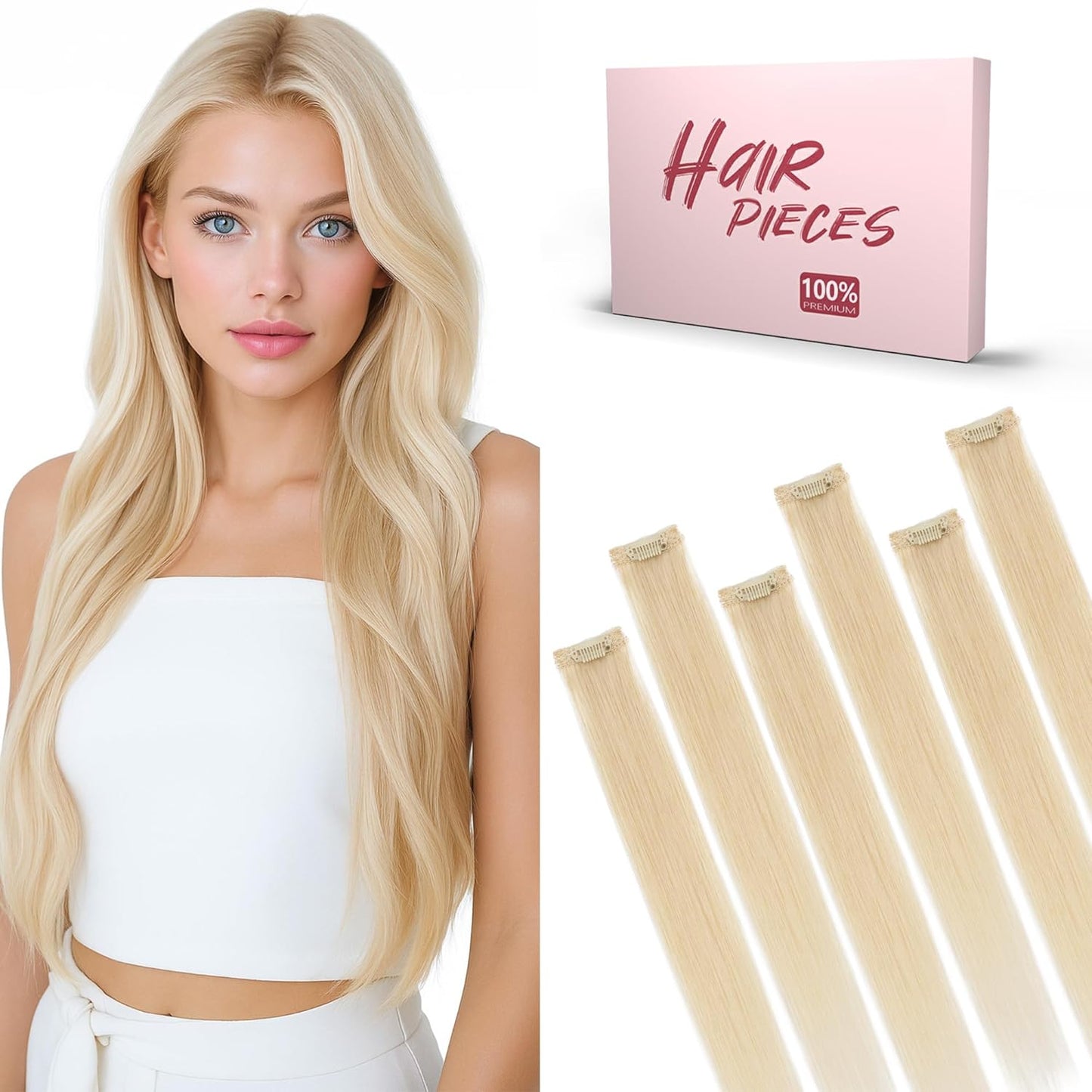 Real Human Hair Clip-In Extensions - 6 Pcs Remy Straight Seamless Hairpieces | 14 Inch #60 Platinum Blonde