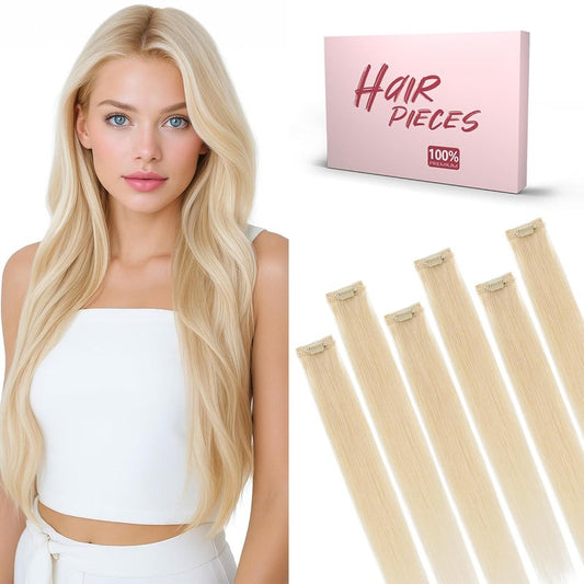 Real Human Hair Clip-In Extensions - 6 Pcs Remy Straight Seamless Hairpieces | 14 Inch #60 Platinum Blonde