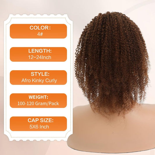 Afro Kinky Curly Ponytail Human Hair 150% Density Brazilian Virgin Hair Dark Brown 12 Inch