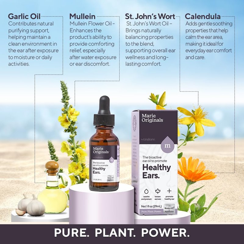 Marie Originals Mullein Garlic Oil Ear Drops for Adults Kids and Pets, Natural Herbal Earache Oil for Earwax Removal, Dry Itchy Ears and After Swimming Care, 1oz (1 Pack)