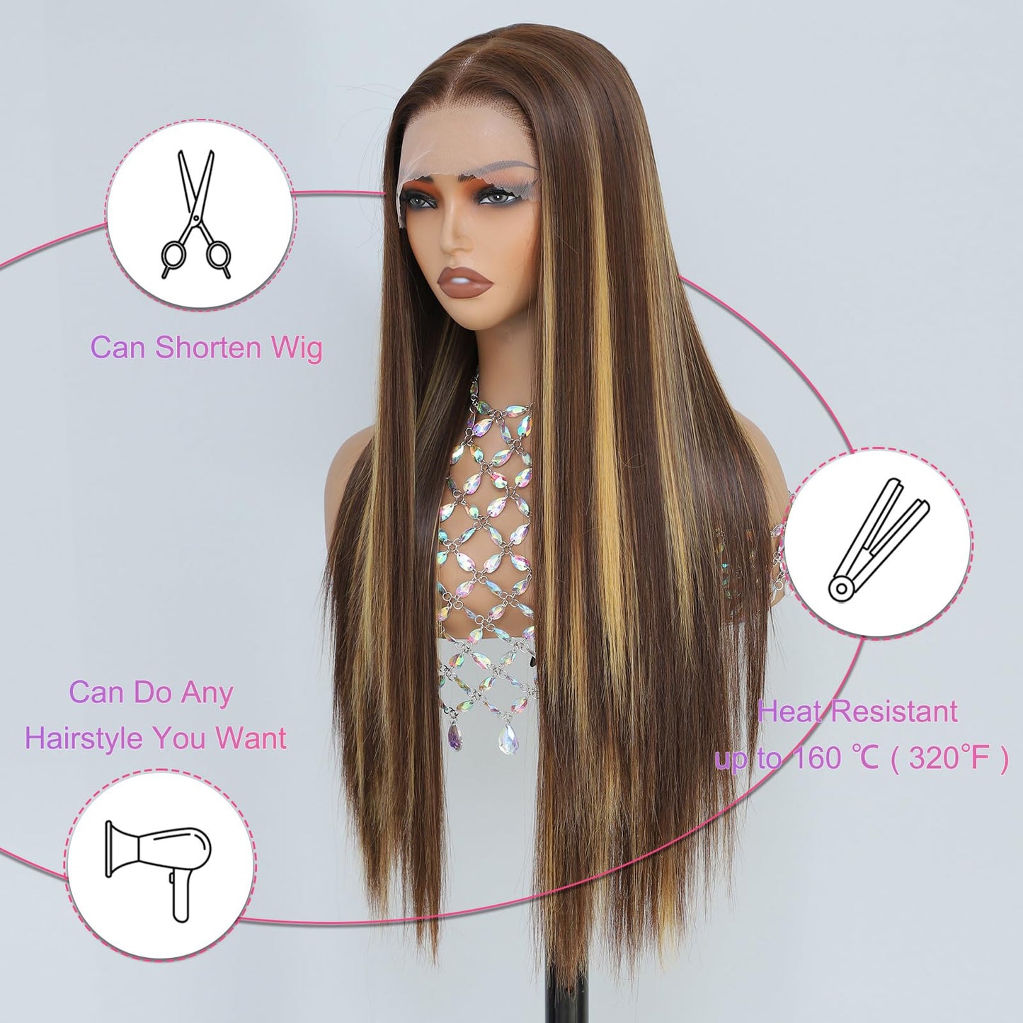 Barbique Synthetic Lace Front Wig, Honey Blonde Wig 13x6 Hd Lace Pre-Plucked Long Straight Highlights Glueless Wigs for Black Women 26 Inch Suitable for Everyday Wear