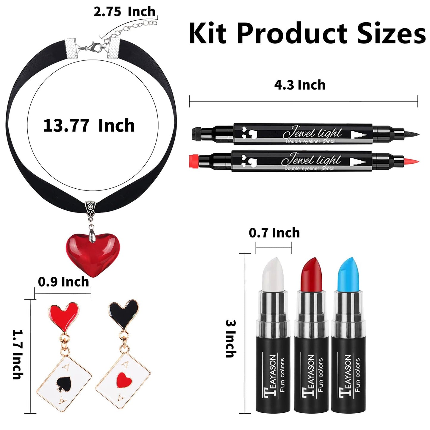 Go Ho Red White and Blue Multi-use Lip Face Paint Stick,2PC Red&Black Hearts Eyeliner Stamp,Heart-shaped Earrings and Necklace Kit,Queen Cosplay Halloween Costumes Party Accessories for Women