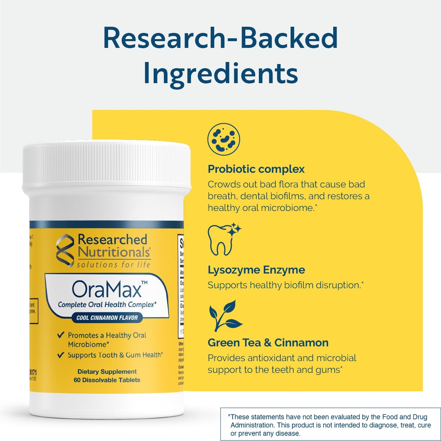 Researched Nutritionals OraMax - Oral Health Complex to Fight Bad Breath and Support Health Teeth & Gums - Oral Probiotics, Enzymes, Nutrients & Herbs (60 Dissolving Tablets)