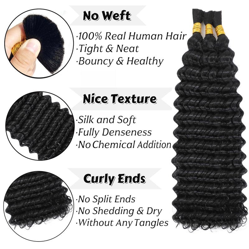 Human Braiding Hair for Boho Braids Deep Wave Bulk Human Hair 18 Inch 12A Knotless Boho Braiding Curly 100% Virgin No Weft Extensions Bohemian Braids 3 Bundles/Pack Natural Color