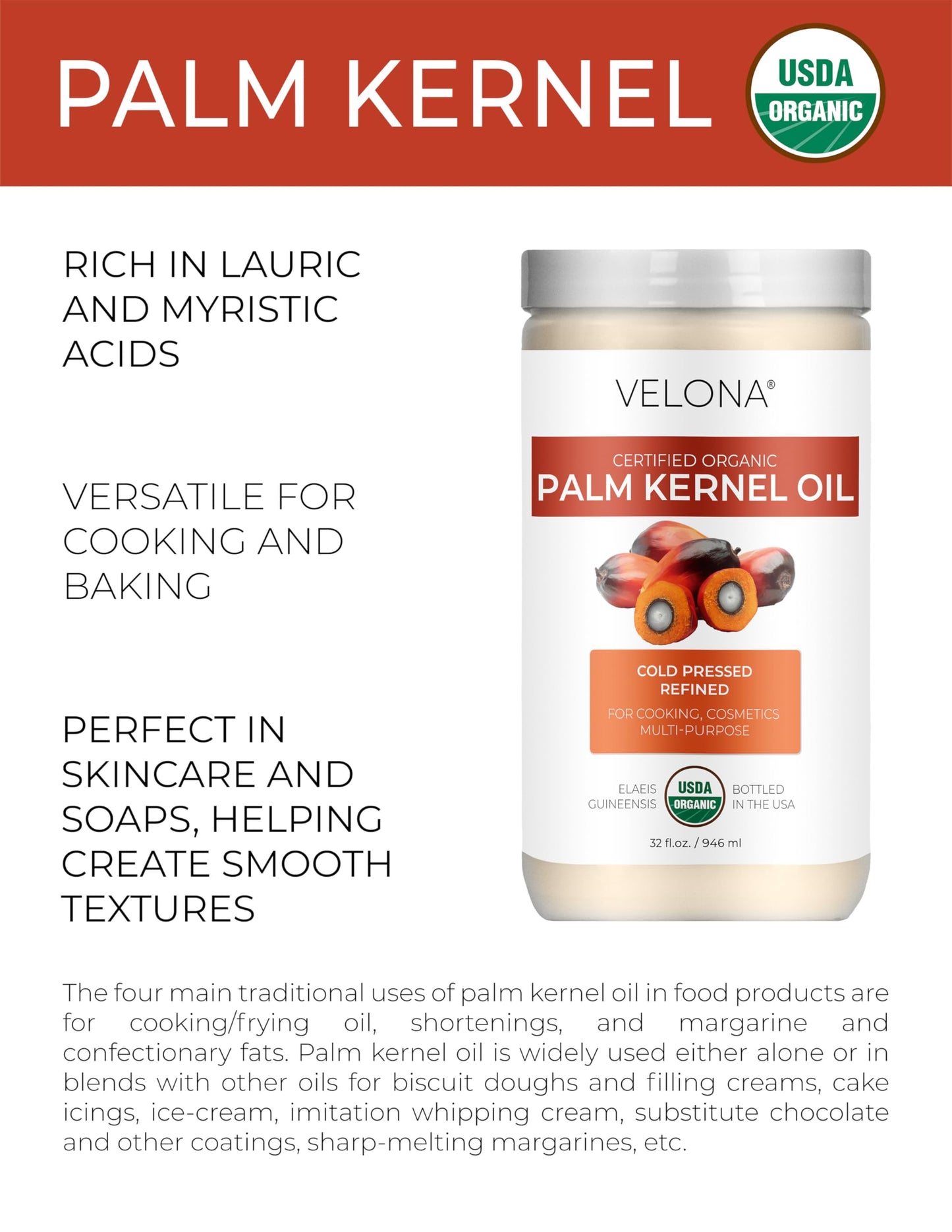 velona USDA Certified Organic Palm Kernel Oil - 64 Fl Oz | 100% Pure and Natural Carrier Oil | Refined, Cold Pressed | Face, Hair, Body & Skin Care | Use Today - Enjoy Results