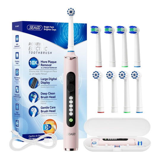 SEAGO Rotating Electric Toothbrush for Adults - 8 Replacement Heads (4 Soft/4 Hard), IPX7 Waterproof, 5 Modes with Memory Function, 2-Minute Timer, USB Type-C Rechargeable (SG-2607-Pink