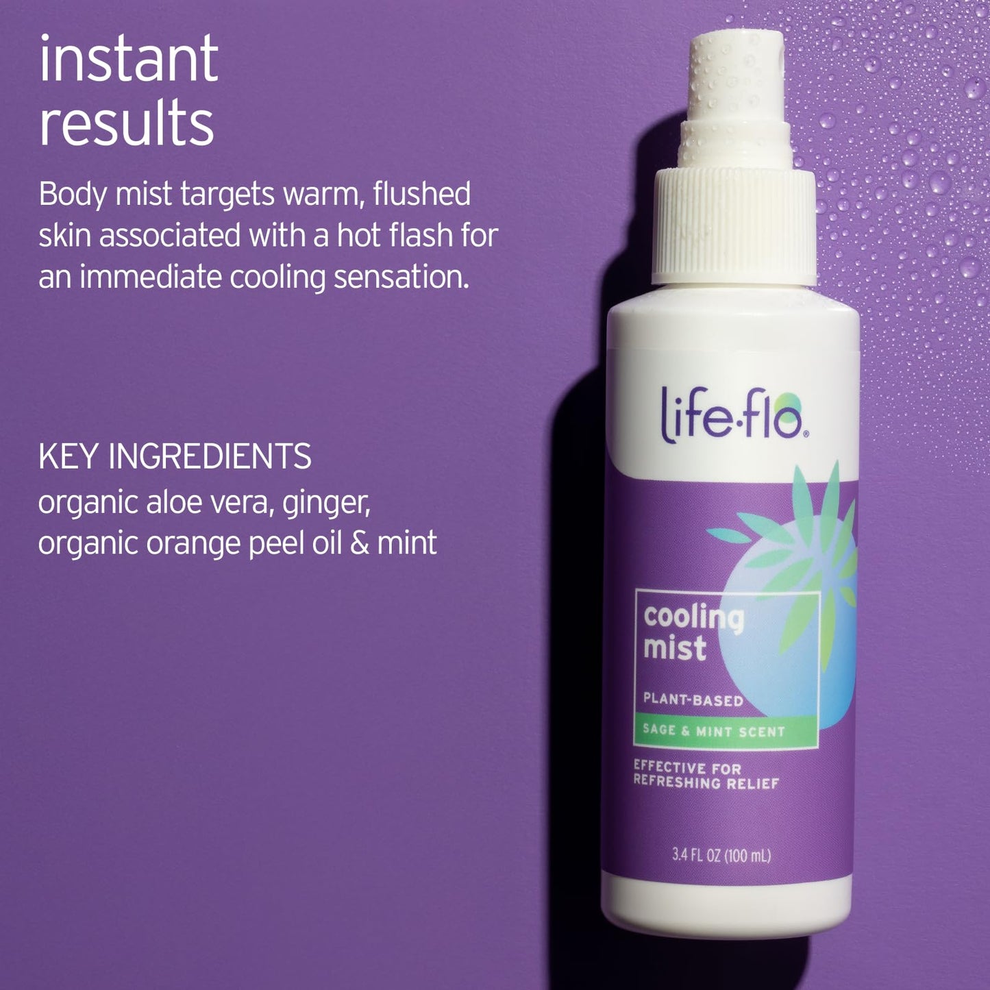 LIFE-FLO Cooling Mist - Refreshing Body Mist for Women - Instantly Cools Hot Flashes with Ginger, Organic Aloe Vera and Lavender - Fresh Sage Mint Scent, 60-Day Guarantee, Not Tested on Animals, 3.4oz