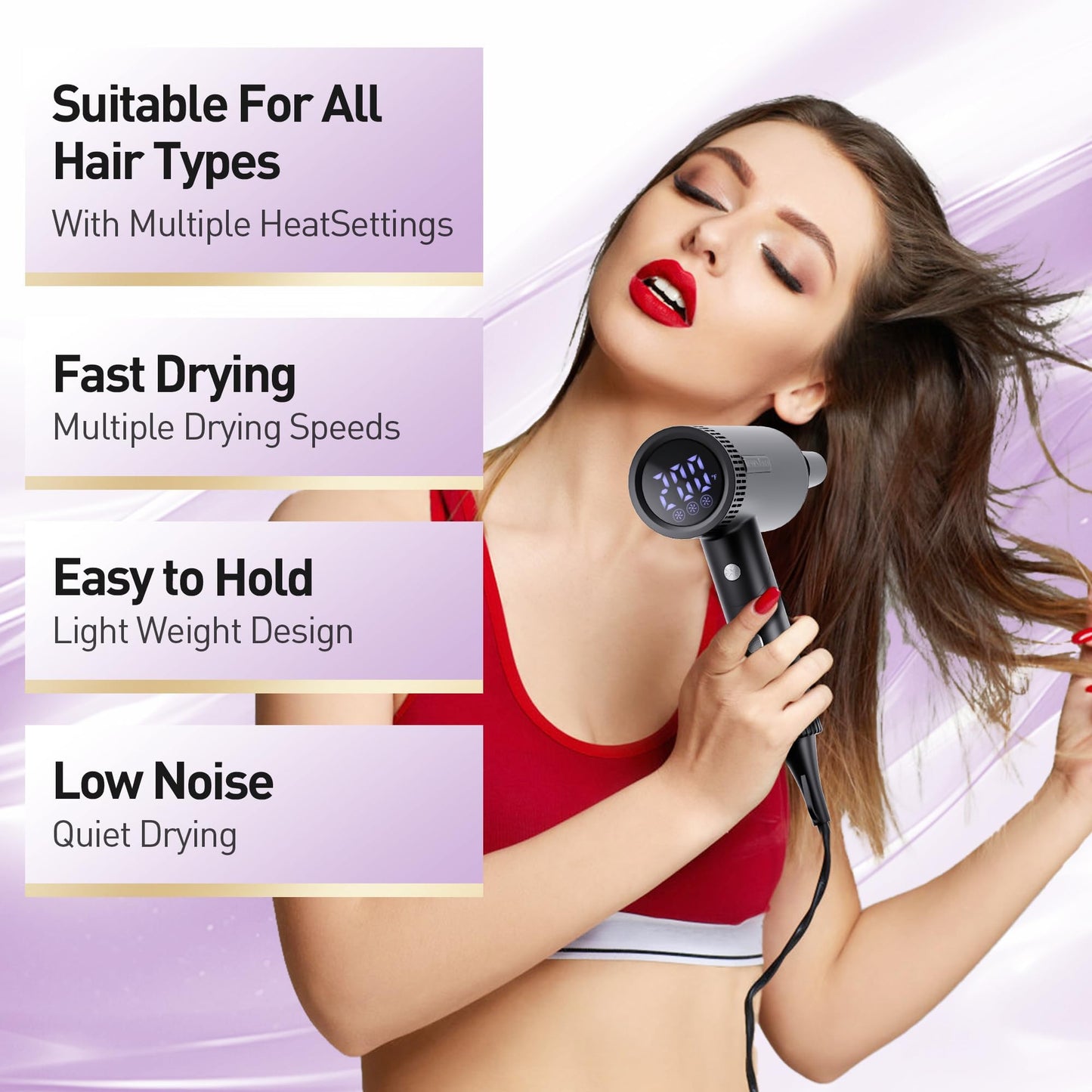 Hair Dryer, High-Speed Ionic Blow Dryer, Powerful 1600 Watt Motor for Fast Drying and Straight & Wavy Hair, Foldable, Lightweight Hairdryer with Magnetic Suction Nozzle for Home Salon Travel