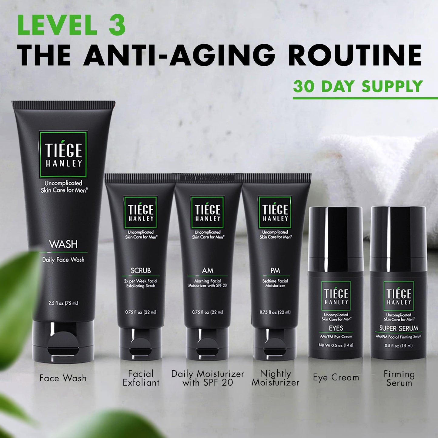 Tiege Hanley Anti-Aging Men's Skin Care Set, 30-Day, 6 Piece Kit