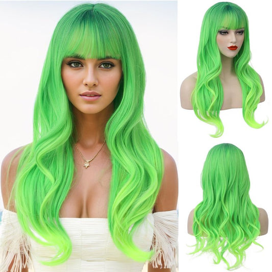 PATTNIUM Long Wavy Wig with Bangs Wig for Women Long Wig Cosplay Wig Heat Resistant Synthetic Wig (Lime Green)