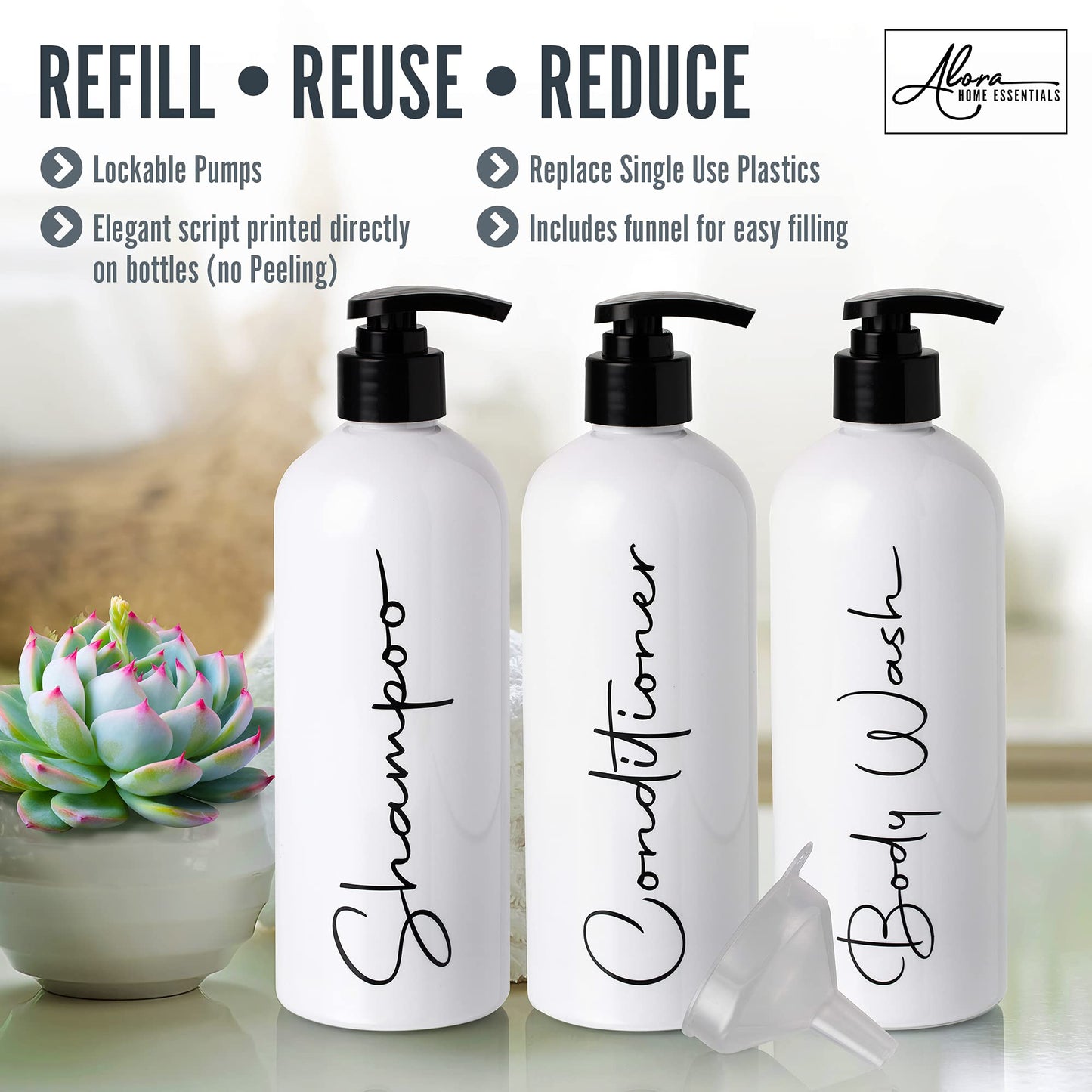 Alora 32oz Reusable Shampoo and Conditioner Bottles - Set of 3 - Easy to Read Labels - Pump Bottle Dispenser for Shampoo, Conditioner, Body Wash - Empty Plastic Refillable Containers for Shower