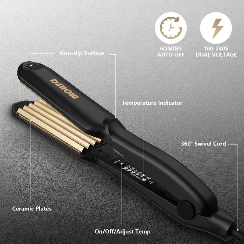 DSHOW Crimping Iron Hair Crimper for Hair-Volumizing Crimper with Titanium Ceramic Plates, 5 Temp Settings (140C-220C), Hair Crimping Tool for Fluffy Volume and Texture, Auto Off, Dual Voltage [Black]
