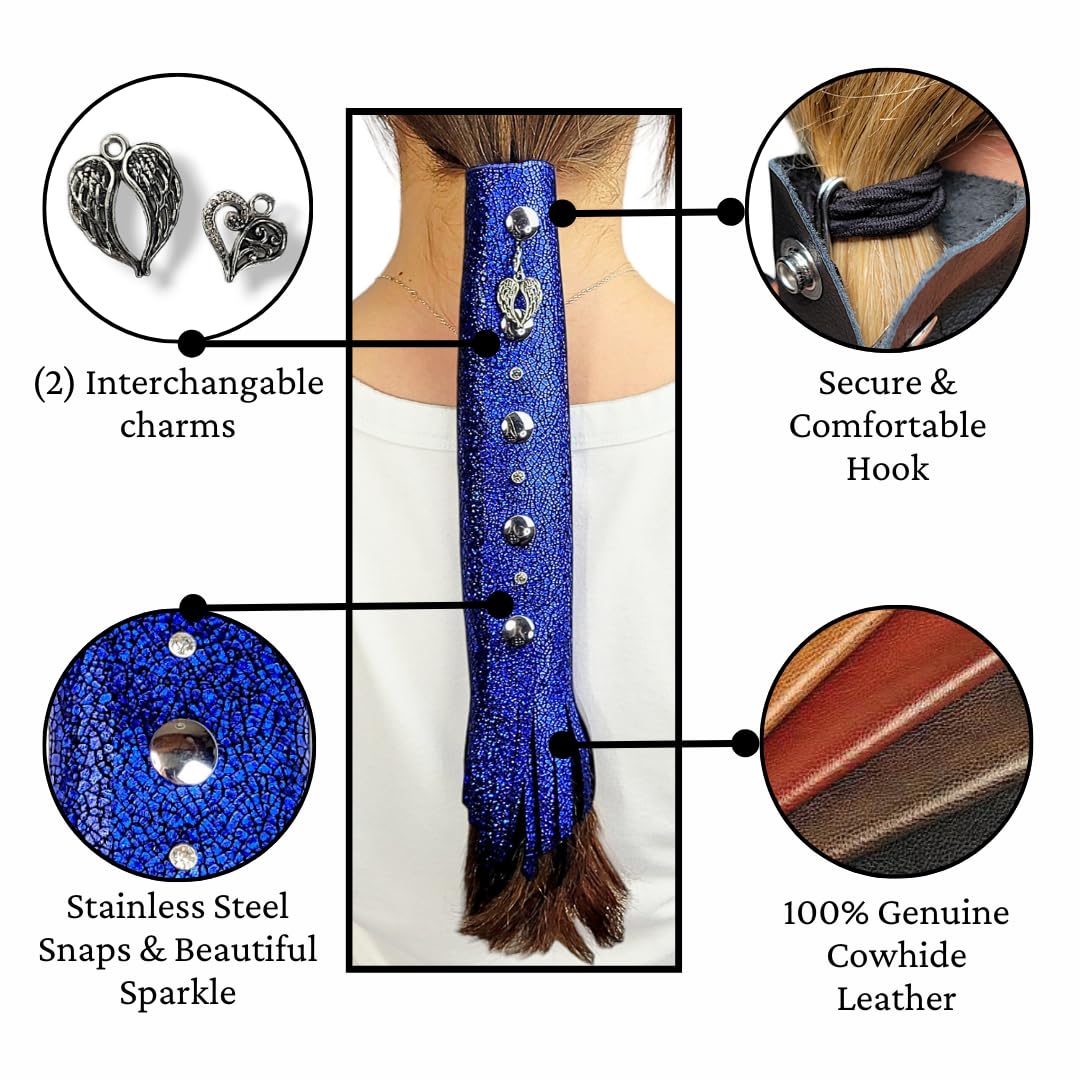 BLUE Glitter Leather Hair Wrap 6" inch to 22" - Handmade Ponytail Sleeve Long Hair Protector Frizz Saver | Colorful Bike Hair Tie Motorcycle Helmet Accessory Fringe & Crystals Made in USA (8 inch)