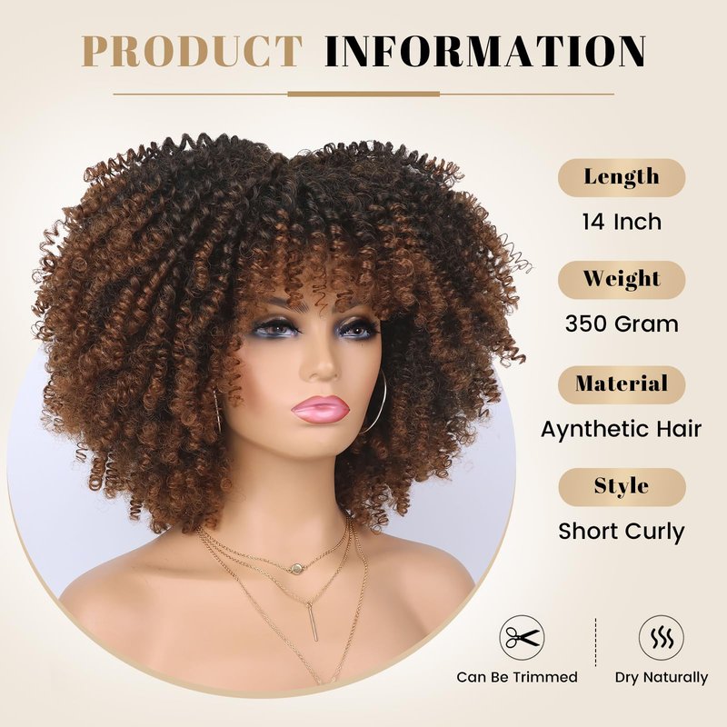 Looxey Afro Kinky Curly Wig, Black Women Short Bob Wigs with Bangs, Huge Fluffy Synthetic Fiber Full Wigs for Daily Party Use, 14 Inch Ombre Brown