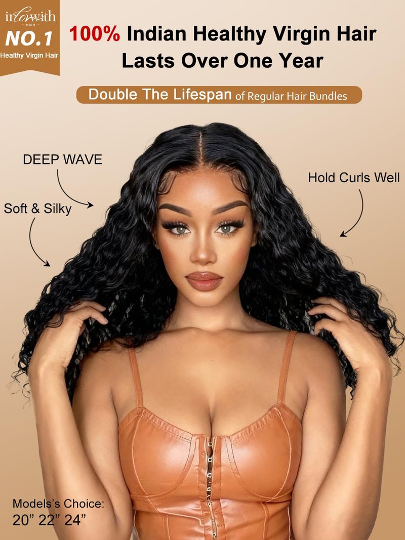 inlovwith Deep Wave Human Hair Bundles, Curly Bundles by 100% Unprocessed Indian Virgin Hair, Keep Texture Wet and Wavy After Multiple Washes(Single Bundle, 16 Inches)
