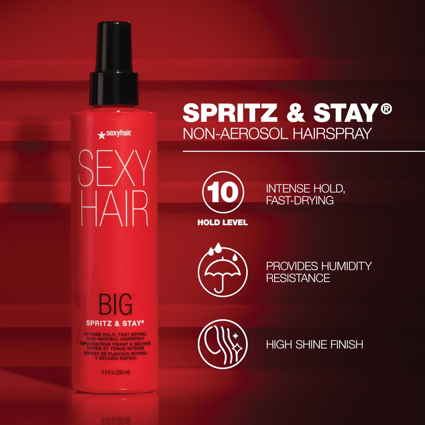 SexyHair Big Spritz & Stay Intense Hold Non-Aerosol Hairspray, 8.5 Oz, Max Hold and Shine, Fast Drying, All Hair Types
