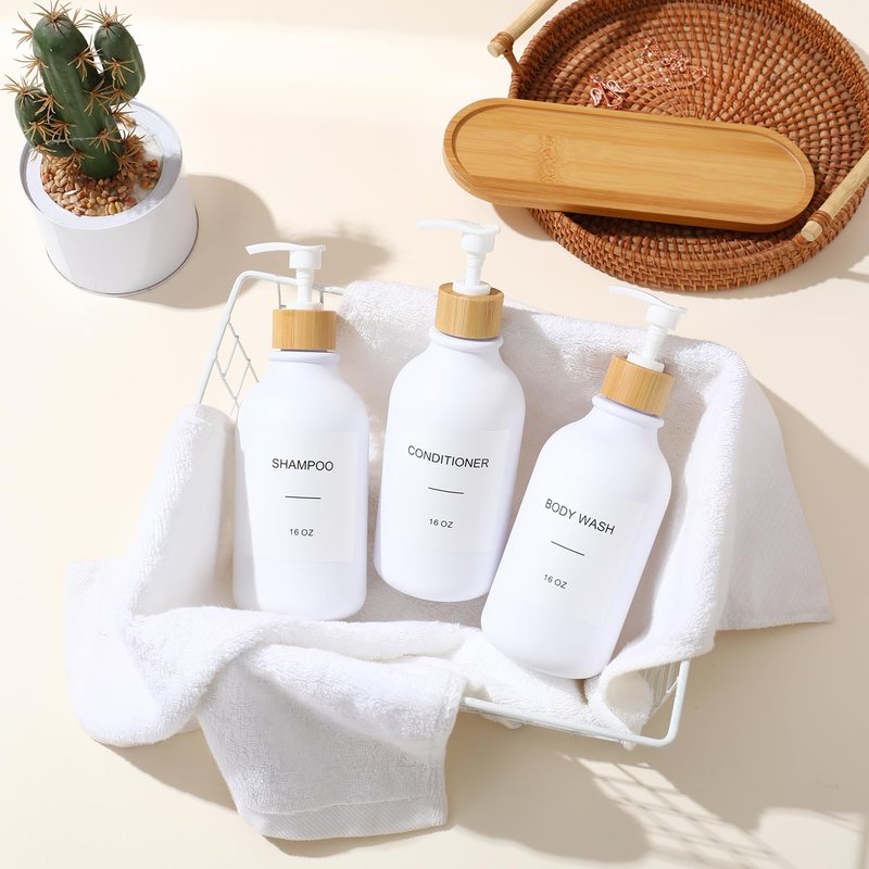 Shampoo and Conditioner Dispenser, Shower Soap Dispenser with Bamboo Pumps/Tray, Refillable Shampoo and Conditioner Bottles, Shower Shampoo Dispenser 3 Chamber, 16oz(White)