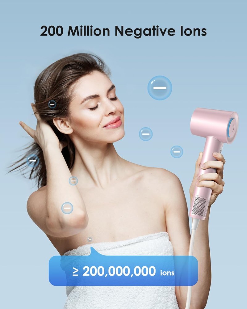 Negative Ion Hair Dryer - High-Speed 110,000 RPM Brushless Motor, 3 Heat Settings | 360° Rotating Nozzle (Pink)