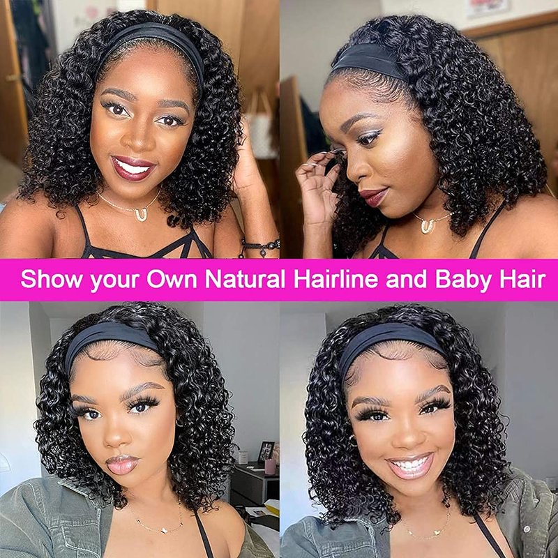 Rebasar Headband Wigs Human Hair 10 Inch Glueless Short Curly Headband Wigs for Black Women Human Hair None Lace Front Wear and Go Wigs Natural Black