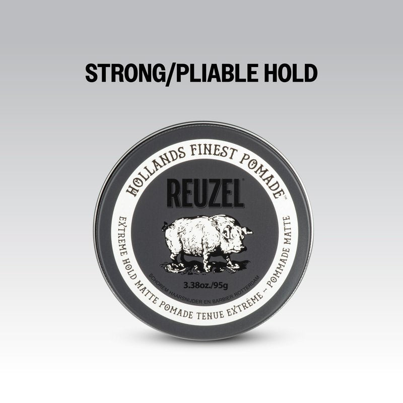 REUZEL Extreme Hold Matte Pomade, Strongest All Day Hold, Water Soluble Styling, Matte Finish & Flake Free, Easy To Wash Out, For All Hair Types