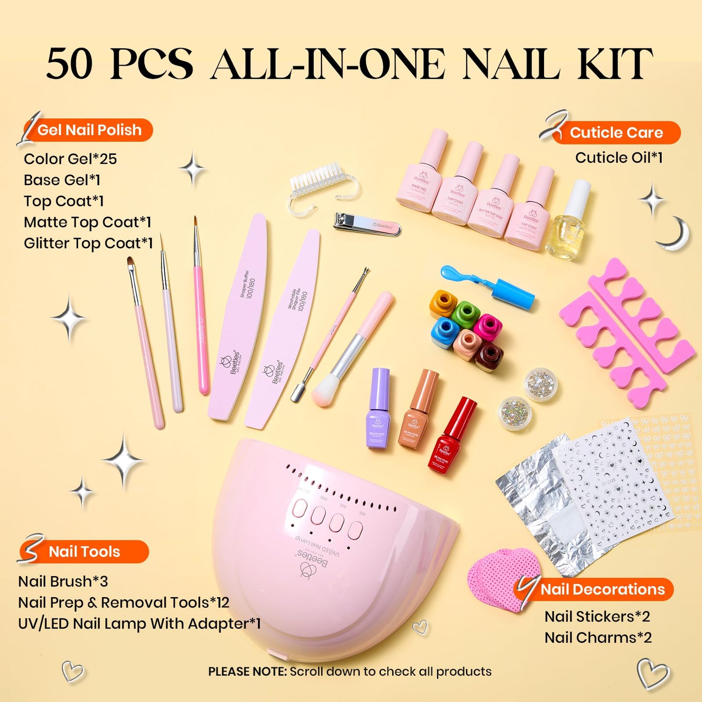 Beetles Gel Nail Polish Kit with U V Light - 25 Colors Gel Polish Set 51 Pcs Imprints of Time Nail Kit One Color One Bottle with Top &Base Coat Beauty Must Have DIY Salon Manicure Gifts for Women