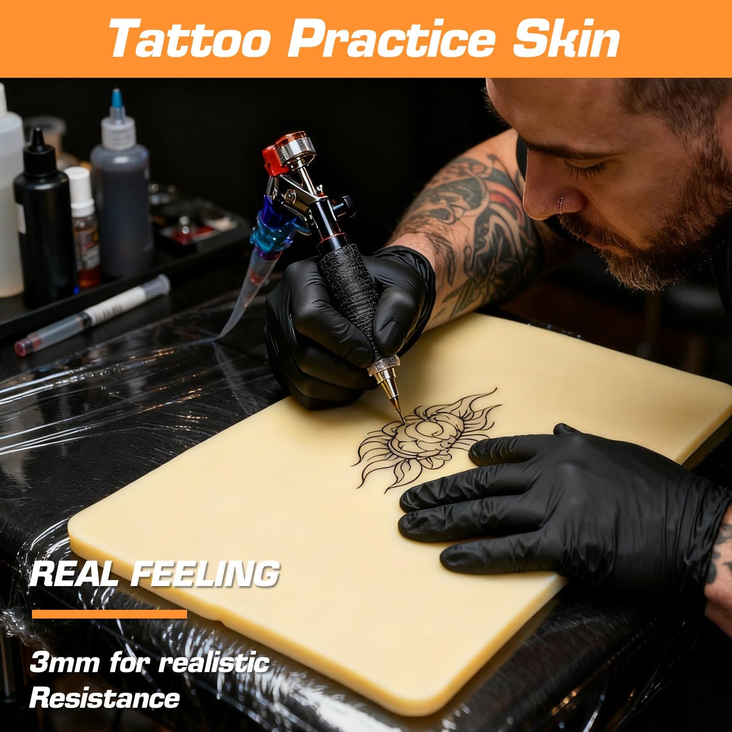 PEPAX 10Pcs Tattoo Practice Skins, 3mm Thick Fake Skin 6"x8" - Realistic Reusable Silicone Sheet for Beginners & Professional Artists Tattoo Skin with Storage Box