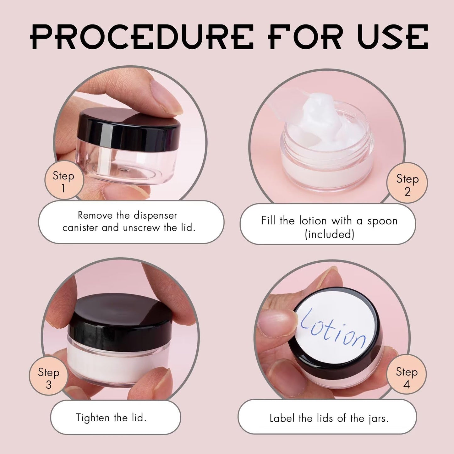 200 Count 5 Gram Sample Containers, Clear Lip Balm Containers with Lids, Small Plastic Sample Jars with 12 Mini Spoons, 200pcs Labels (Black Lid)