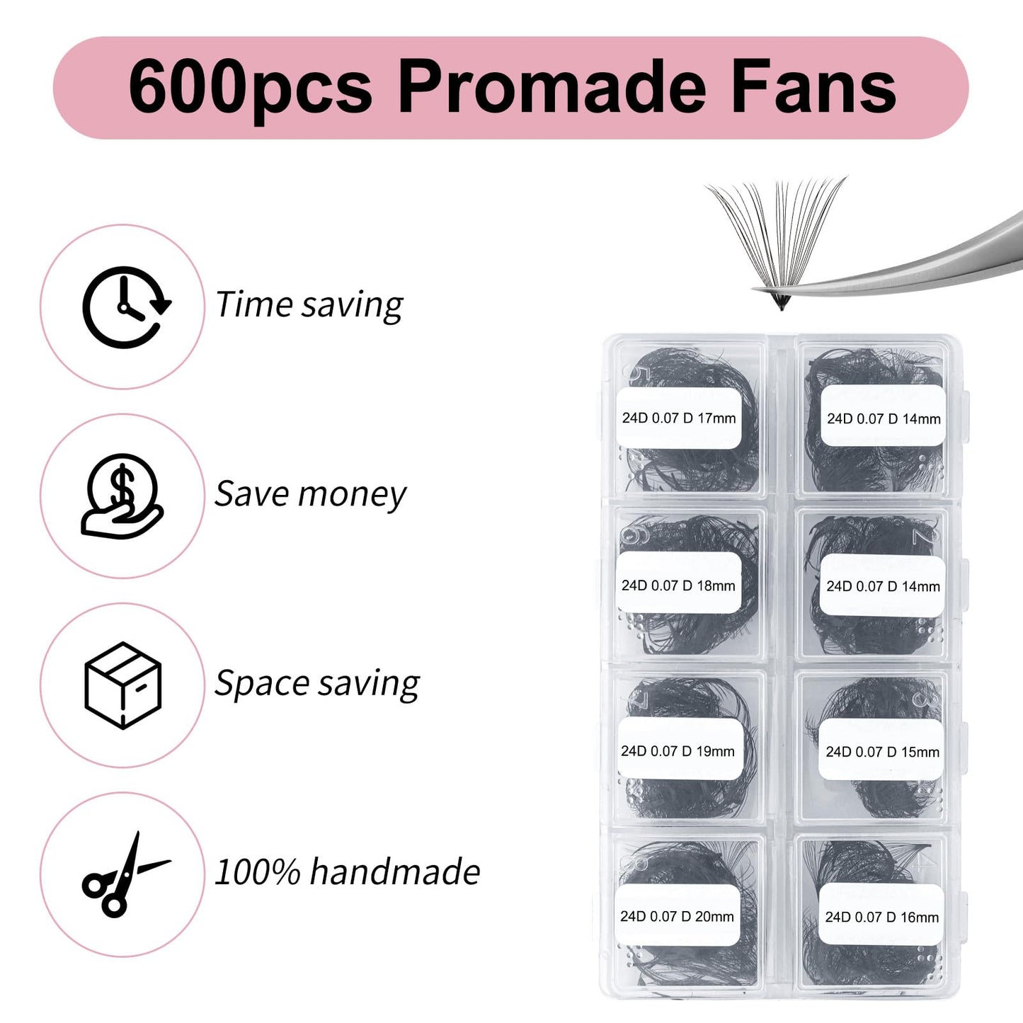 FADLASH Volume Lash Extensions 600pcs 24D Premade Fans Eyelash Extensions D Curl Pointy Base Pre Made Fans Lash Extension Mixed Tray Eyelash Extension Premade Fans (24D-0.07D-14-20mm), Black