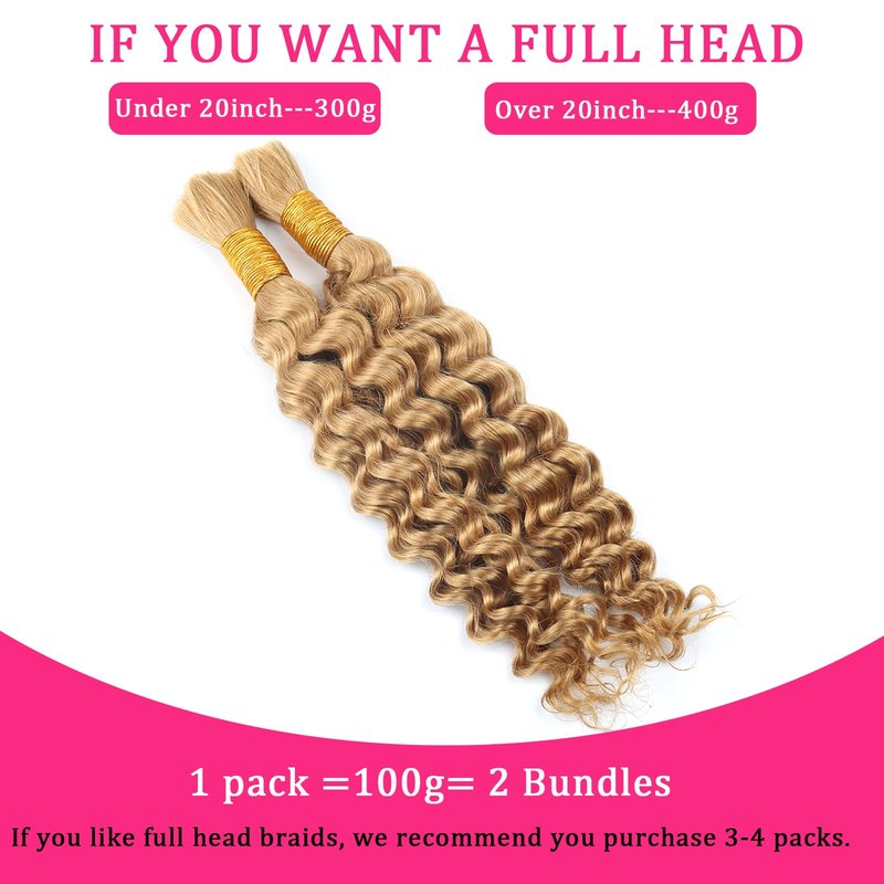 B-Fashion Human Braiding Hair for Boho Braids Deep Wave Bulk Human Hair for Braiding 22 Inch 2 Bundles 100G 100% Brazilian Wet and Wavy Curly Human Hair Braiding Hair Extensions No Weft Bundles