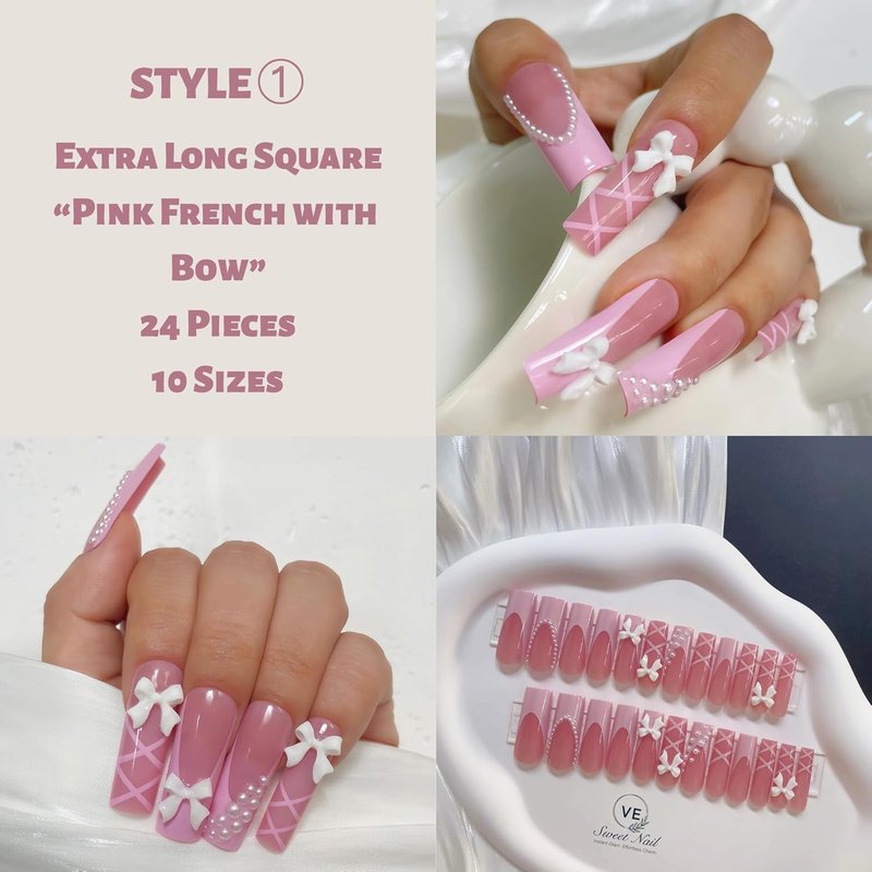 Extra Long Square Press-On Nails - 4 Box Set with 3D Designs | Stylish False Nail Tips for Women | Perfect Gift Idea