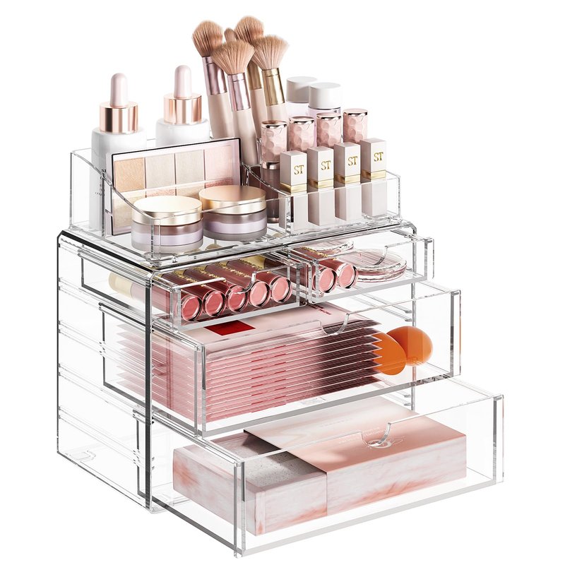 Delamu 4-Tier Clear Makeup Organizer with Drawer, Stackable Acrylic Cosmetic Storage for Bathroom Vanity, Dresser Countertop, Make Up and Jewelry Storage, Beauty Holder for Lipstick Brush Skincare