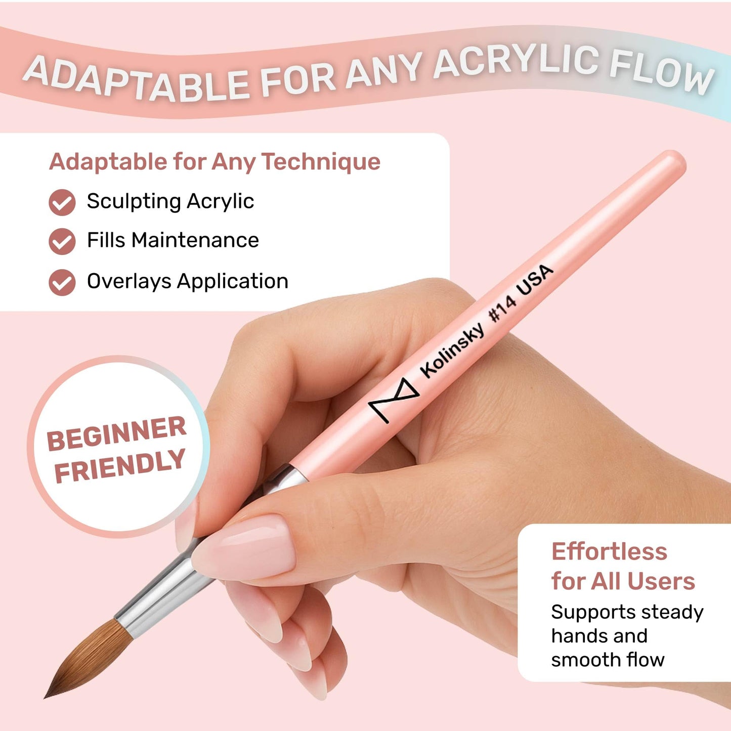 M – Majesti Pink 100% Kolinsky Acrylic Nail Brush | Professional Acrylic Sculpting & Application Brush | Handcrafted Premium Nail Art Tool for Nail Technicians (#14)