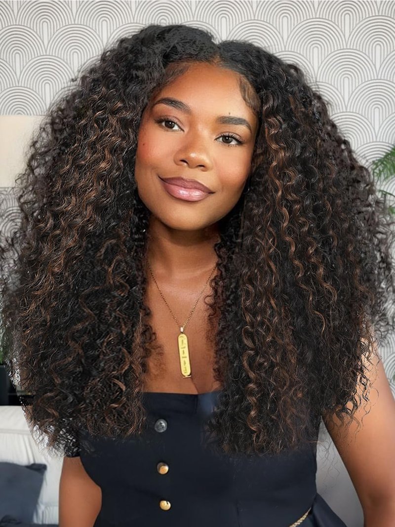 TENACOO Highlight Brown Glueless Curly Wig Dark Brown Mix Light Deep Wave Synthetic Lace Front Wig 24 Inch 4x1 Lace Closure Ombre Brown Long Curly Wigs for Black White Women