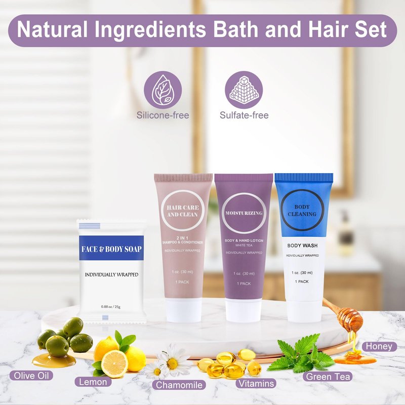 Travel Size Toiletries Set Bulk, Individually Wrapped 1 oz Mini Body Lotion Shampoo & Conditioner Body Wash 0.88 oz Bars Soap Toiletry Kit Guest Amenities for Hotel/Shelter/Homeless/Charity (120 Pack)