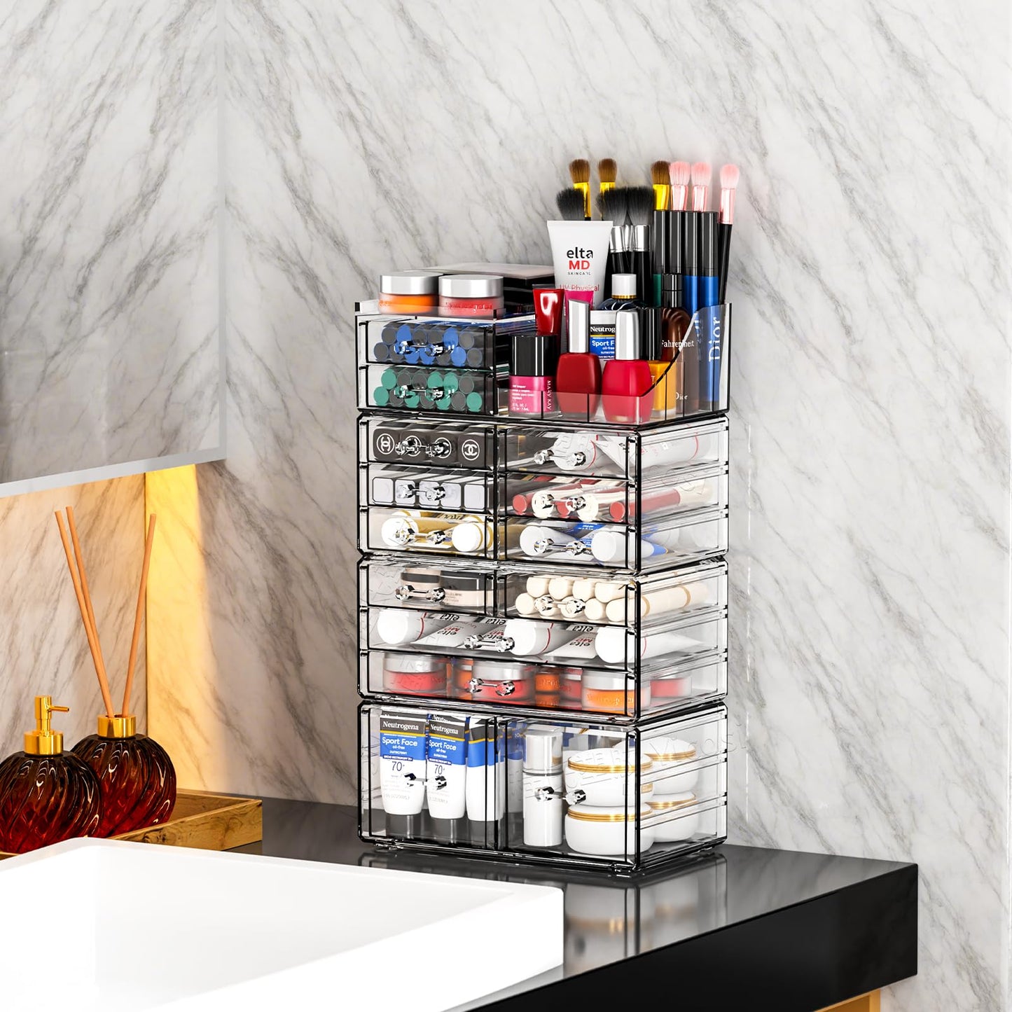 Cq acrylic Make Up Organizers for Vanity With 14 Drawers, 4 Pack Clear Drawer Organizers,Plastic Cute Desk Accessories Organization and Bathroom Organizers Storage Case Box Cube for Beauty,Skin Care
