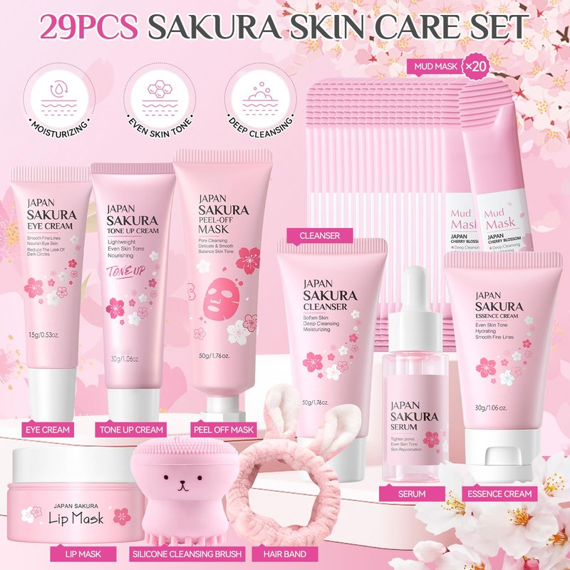 29Pcs Sakura Skincare Set, Skincare for Girls 10-12, Complete Skincare Routine for Clean, Soft and Hydrated Skin, Perfect Easter Basket Stuffers for Teen Girls