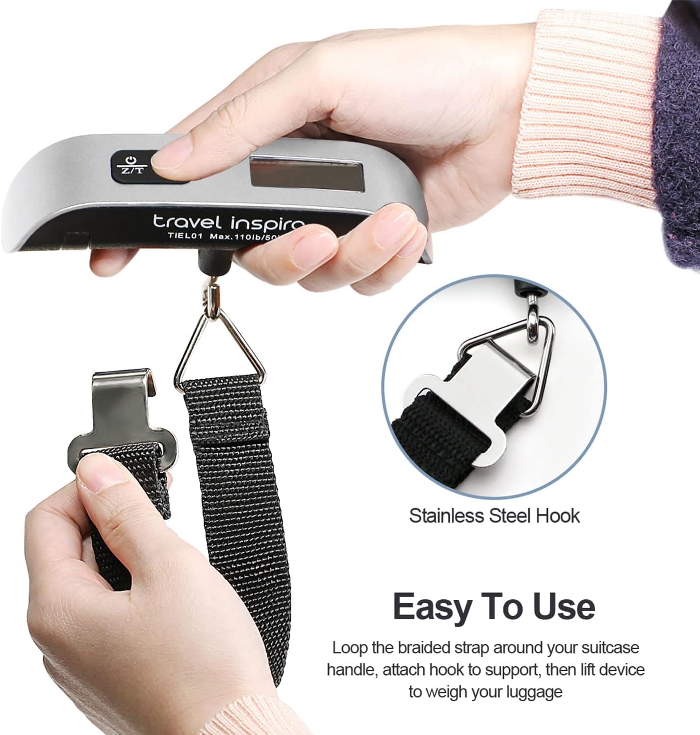 Travel Inspira Luggage Scale - Portable Digital Hanging Baggage Scale for Suitcases | 110 lbs Capacity, Battery Included