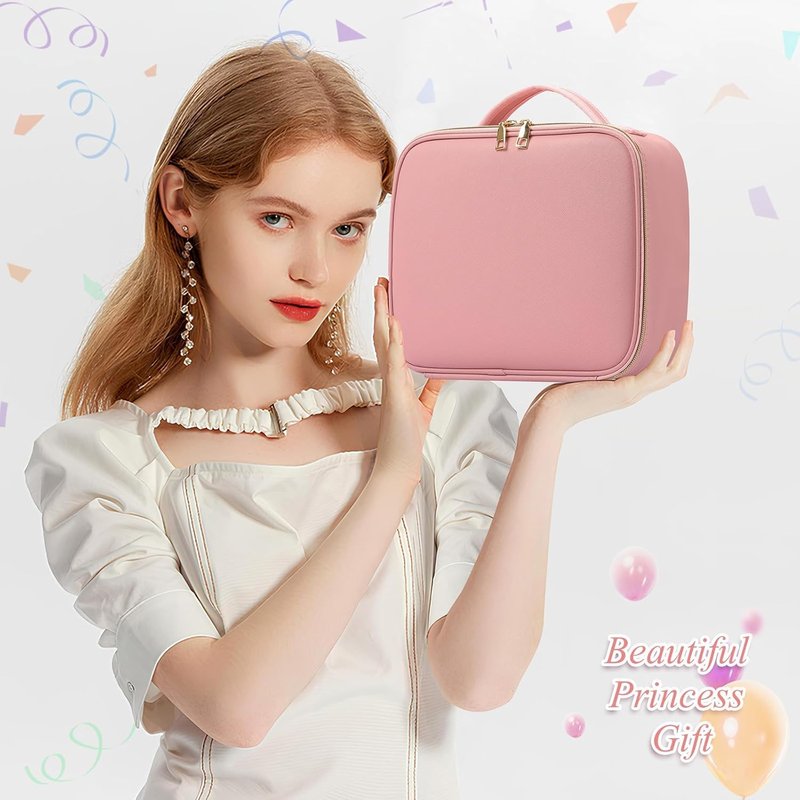 Travel Makeup Bag with LED Mirror - Lighted Organizer with 3 Color Settings | Pink
