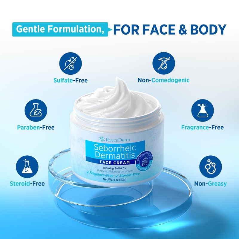 Roycederm Seborrheic Dermatitis & Psoriasis Face Cream – Steroid-Free Moisturizer for Redness, Flaking & Sensitive Skin – Face, Scalp & Body Daily Relief – Fragrance-Free, Non-Greasy, 4 oz