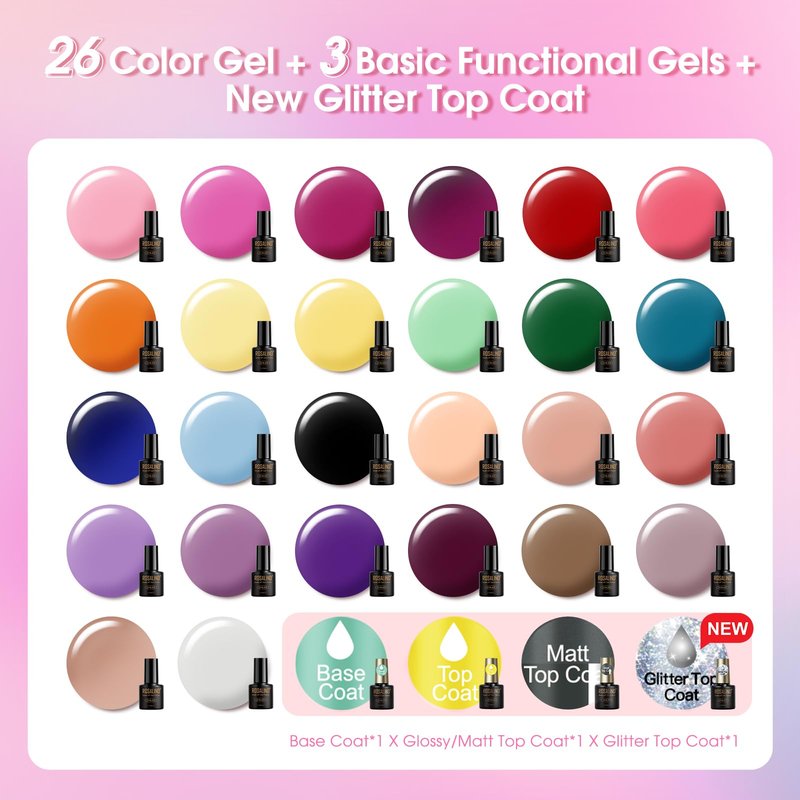 ROSALIND 30pcs Gel Nail Polish Set, 26 Colors Gel Polish with 3Pcs Glossy Matte Glitter Top Coat and Base Coat All Seasons Nude Blue Red Gel Nails art Kit DIY Salon at Home