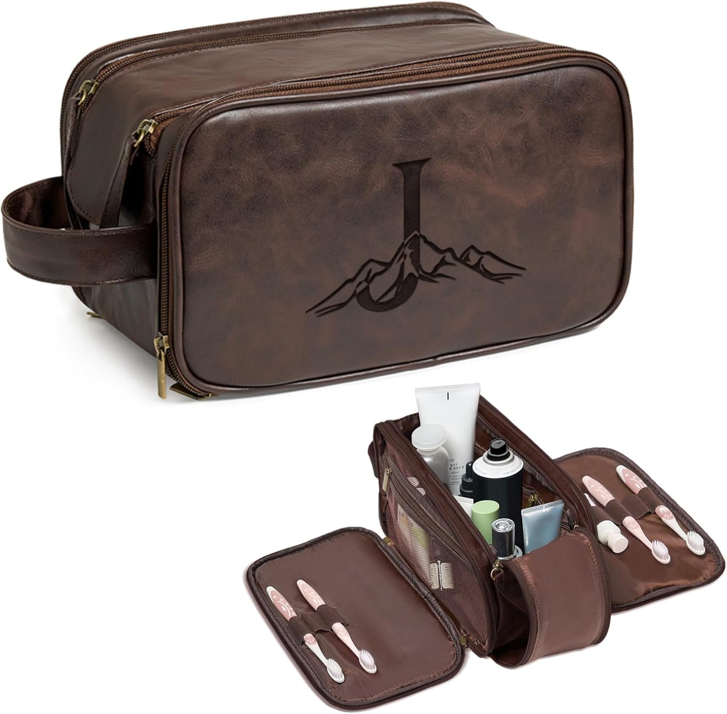 Personalized Toiletry Bag for Men - Custom Initials & Mountain Design | Dark Brown Travel Essentials