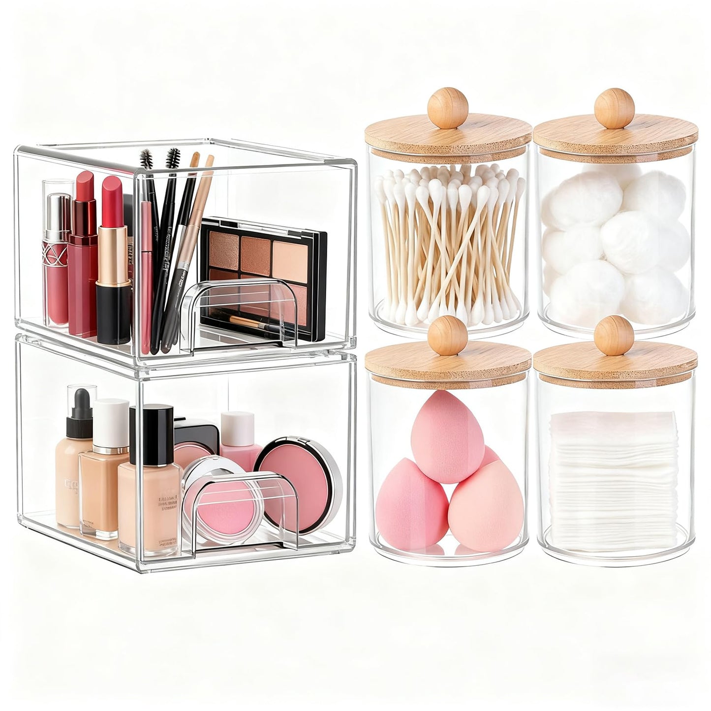 Qeosvve 6 Pack Clear Stackable Storage Drawers & Qtip Holder Dispenser with Bamboo Lids, Clear Plastic Storage Containers for Bathroom, Vanity, Undersink, Kitchen Cabinets, Pantry, Home Organization