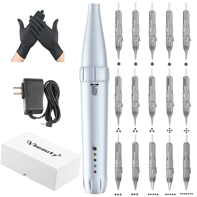 YBEAUTY Eyebrow Tattoo Wired Machine Kit - Corded Micropigmentation Eyeliner Pen with 15pcs Cartridges Needles for Brow Eyeliner Lip Microblading (Snow)