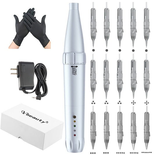 YBEAUTY Eyebrow Tattoo Wired Machine Kit - Corded Micropigmentation Eyeliner Pen with 15pcs Cartridges Needles for Brow Eyeliner Lip Microblading (Snow)