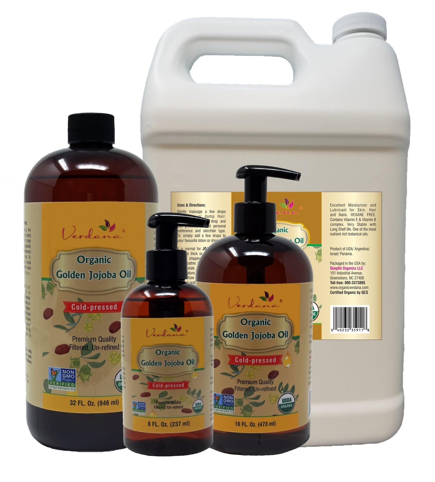Verdana Organic USDA Certified Organic Golden Jojoba Oil, Cold Pressed, Unrefined, 32 Fl Oz Bulk size - Deepthi Organics