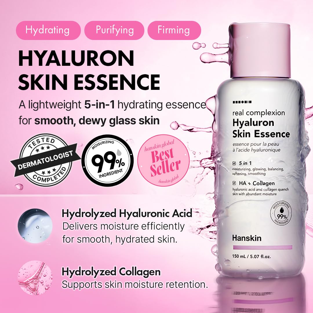 Hanskin Hyaluron Skin Essence Toner – Korean Hydrating Toner for Glass Skin | Hyaluronic Acid & Collagen | Lightweight Moisturizing Astringent for Dry, Sensitive & Dull Skin | K-Beauty (5.07 fl oz)